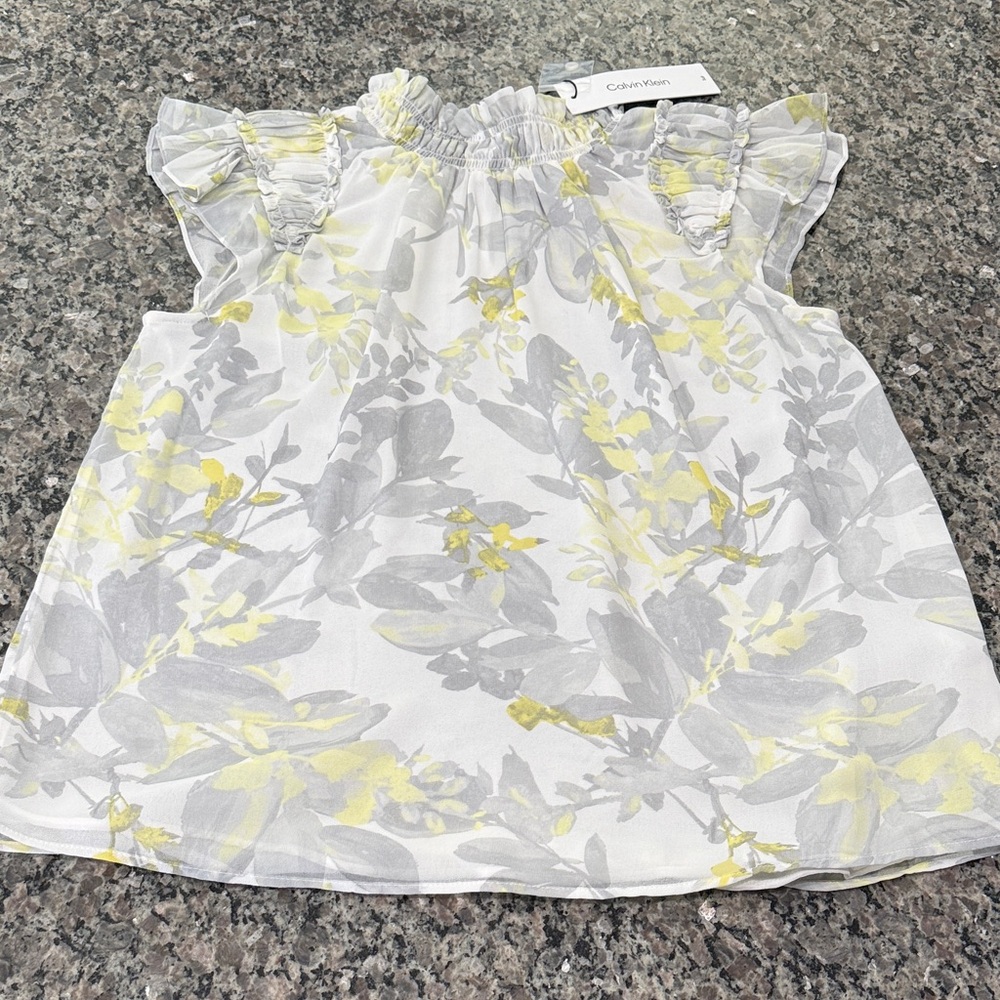 NWT Calvin Klein Women’s M Gray & Yellow Floral Top